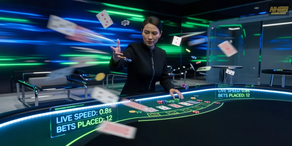 Hình ảnh bàn baccarat speed trên nh88 với giao diện nhanh chóng và dealer năng động.