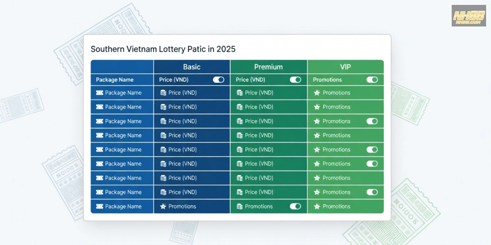 Hình ảnh bảng giá chi tiết các gói xổ số miền nam nh88 cập nhật năm 2025 với biểu đồ minh họa