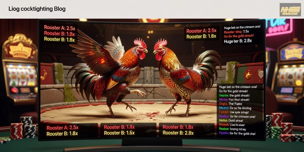 Hình minh họa giao diện đá gà trực tiếp tại casino NH88 với hình ảnh trường gà sống động và tỷ lệ cược rõ ràng
