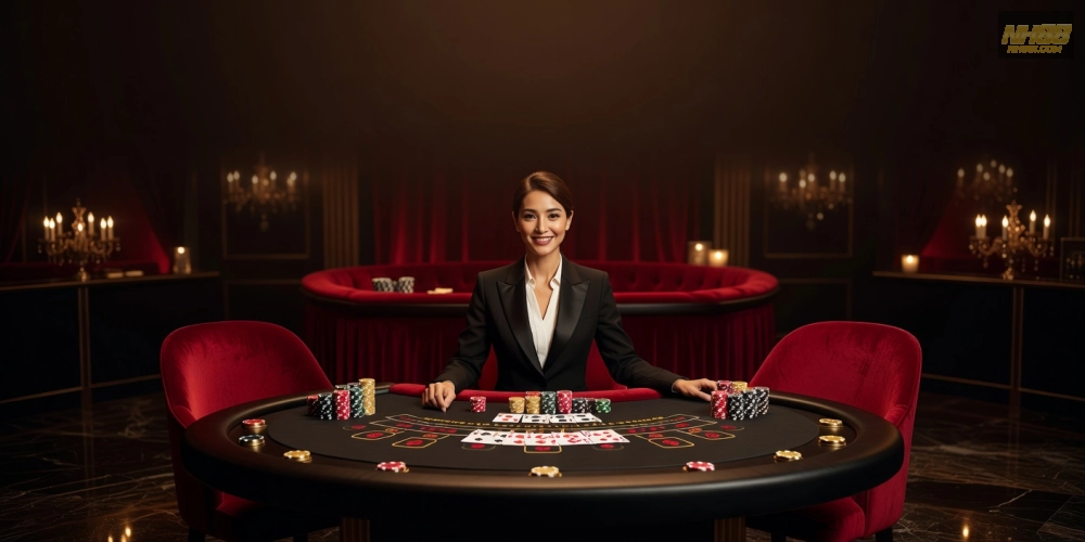 Hình minh họa khái niệm baccarat live casino nh88 với dealer chuyên nghiệp và bàn chơi hiện đại.