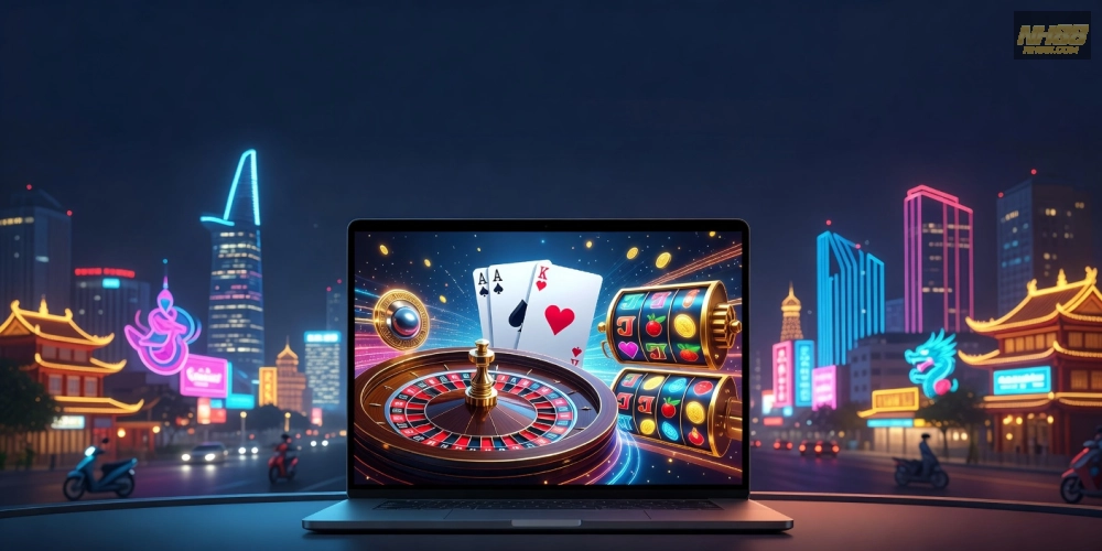 Minh họa khái niệm casino trực tuyến tại TP.HCM với giao diện hiện đại và các trò chơi hấp dẫn