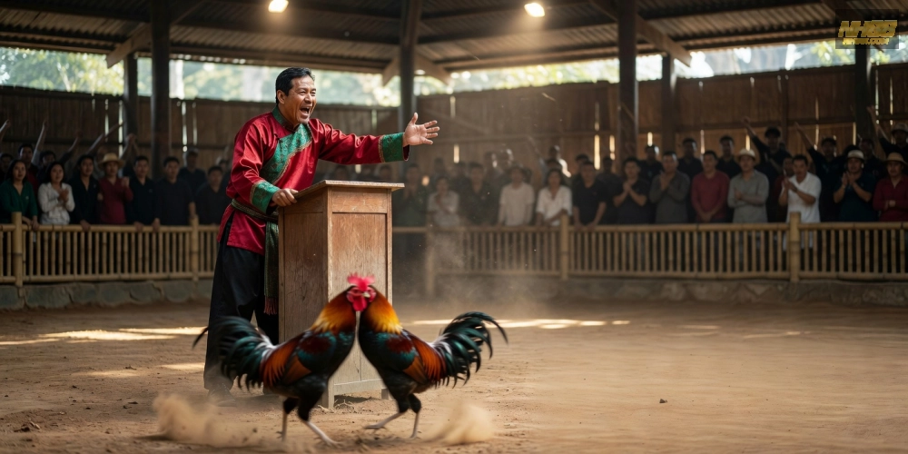 Hình ảnh truyền thống bình luận viên đá gà nh88 trong không khí thi đấu sôi động.